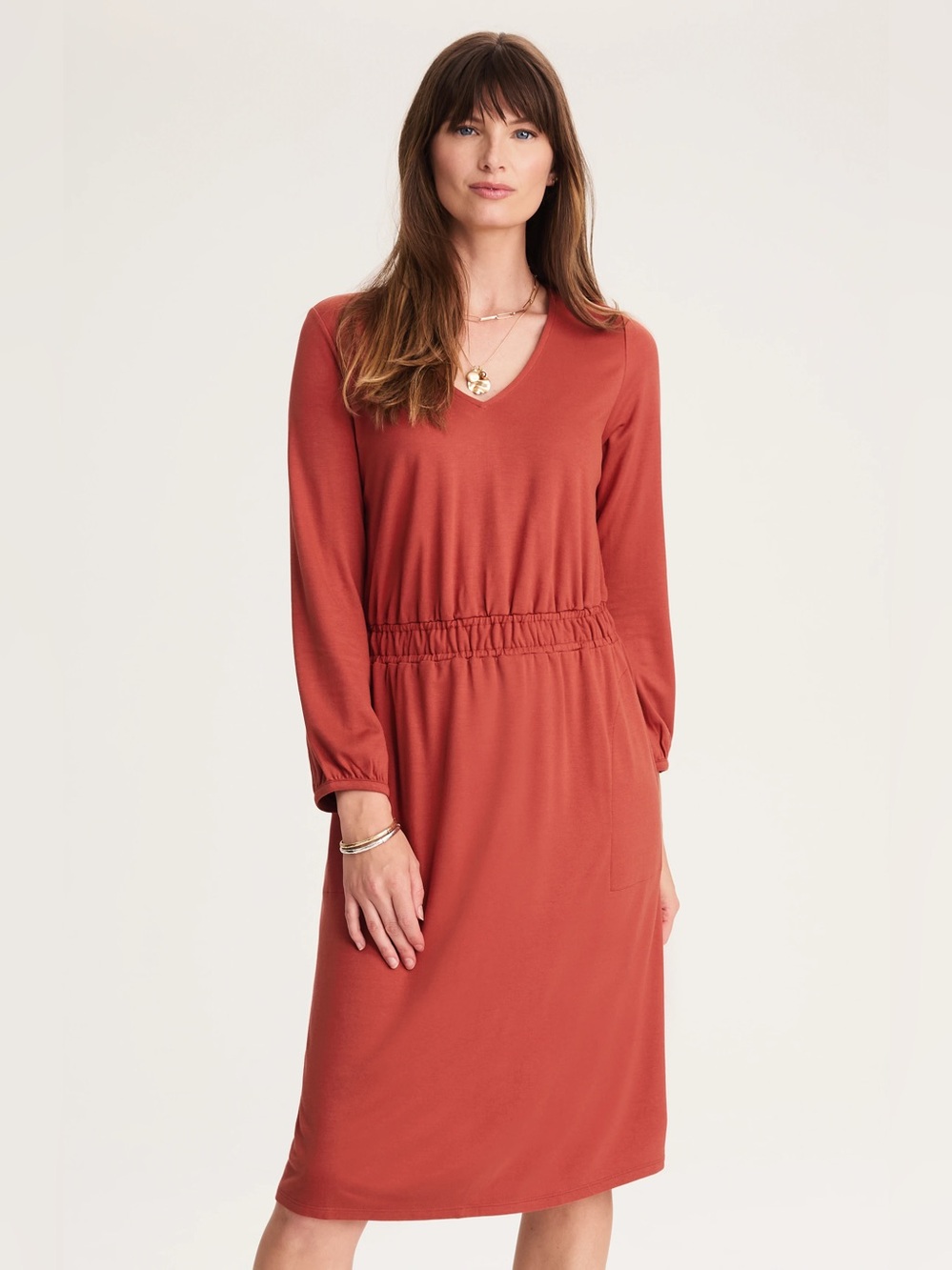 J. Jill Smocked Waist A Line Knit Fabric Knee Length Elastic Waist Dress